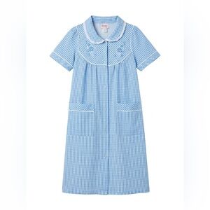 Vintage 80s Blue Gingham Gingham Seersucker Snap Front Duster Robe Dress Size M